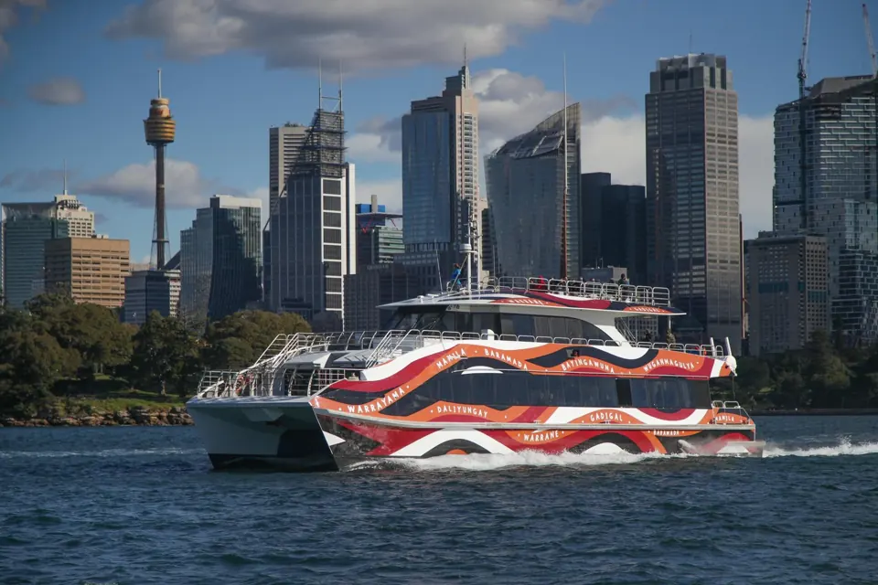Cruise vessel with the city skyline behind